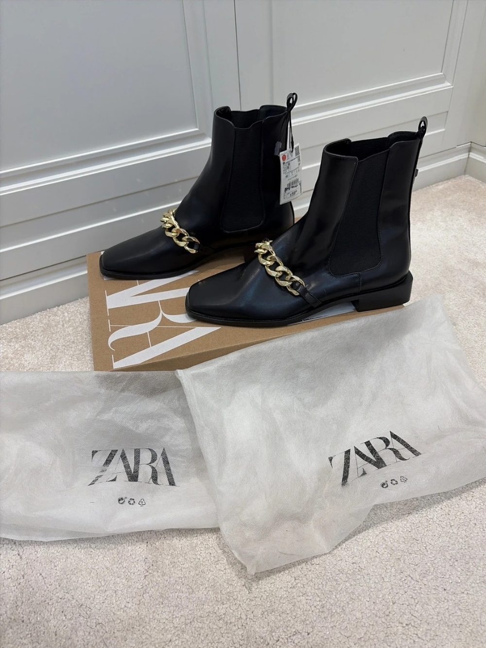 ZARA Black Ankle  Boots with Gold Chain Detail. Size 9(40). N W T.